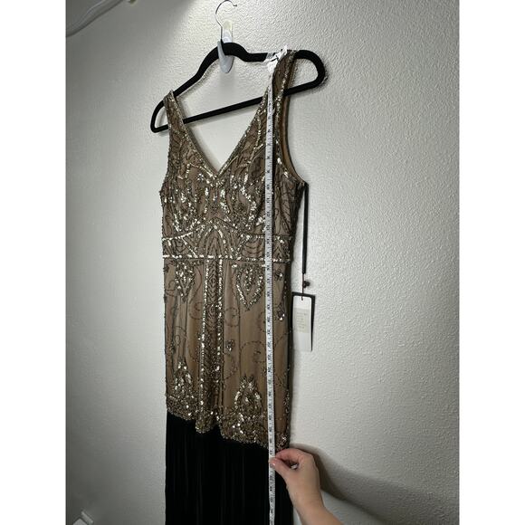 NWT Sue Wong Beaded Gold Mesh Top Black Fringe Bottom Evening Dress 8 - Picture 15 of 15
